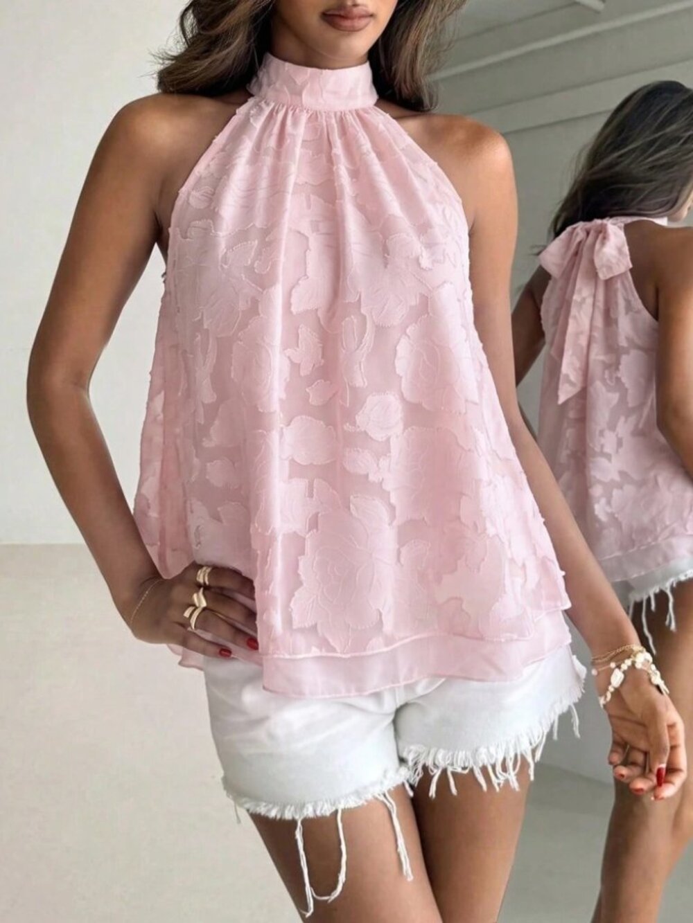 Pink Floral Burnout Chiffon Halter Neck Bow Back Swing Tank Top